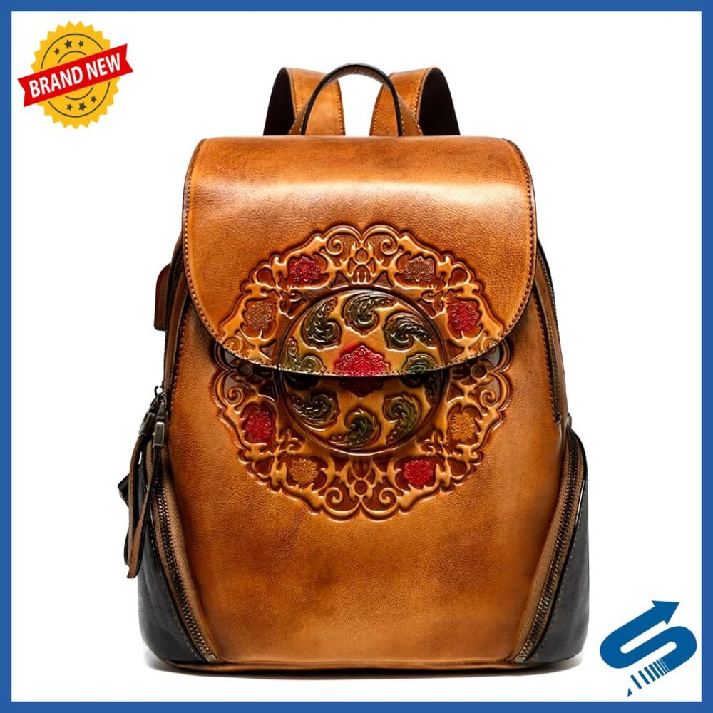 Leather Backpack Vintage Embossed Organizer Laptop Retro Chic Daily Use